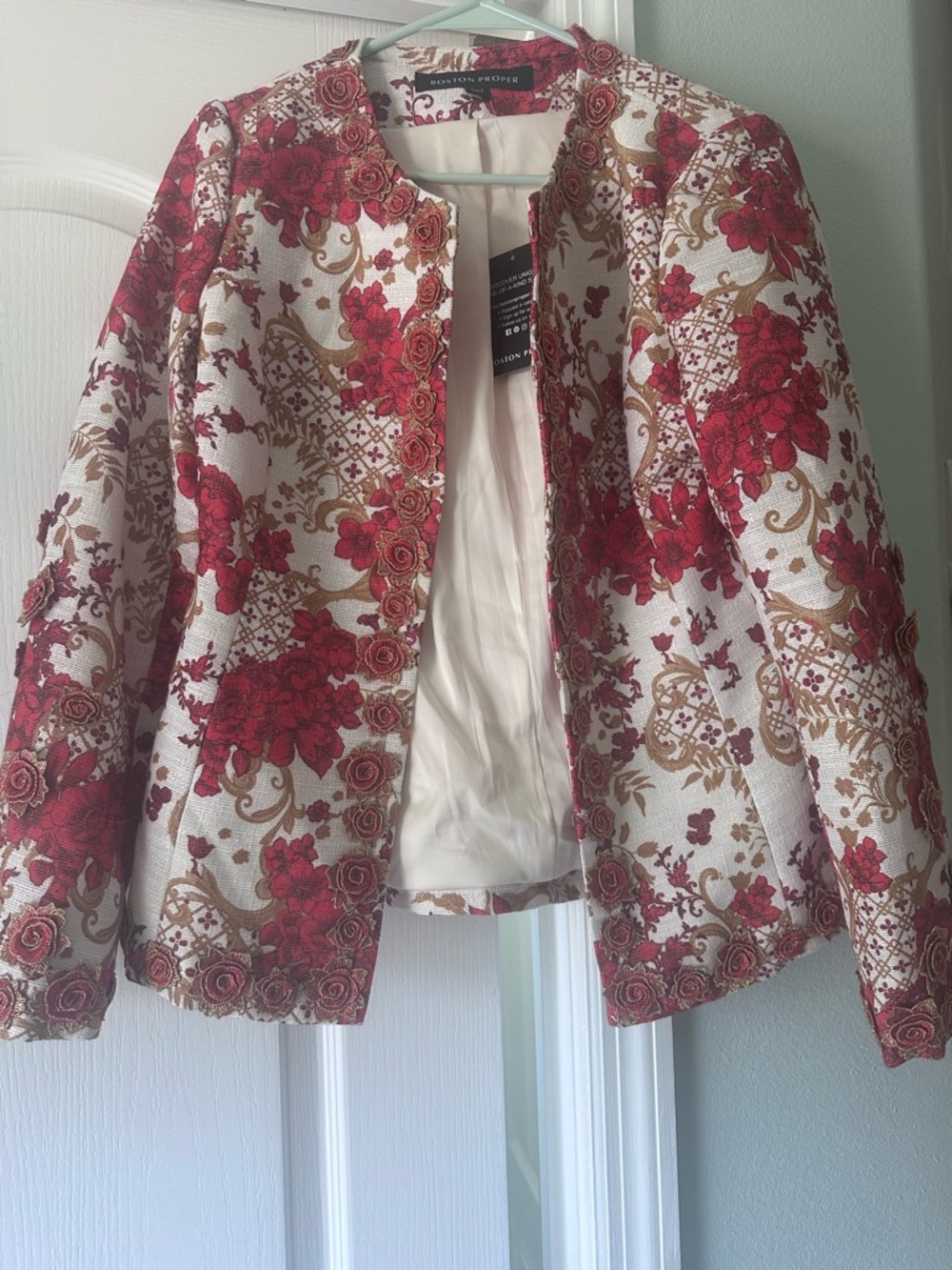 Boston Proper Red and Gold Floral Brocade Jacket